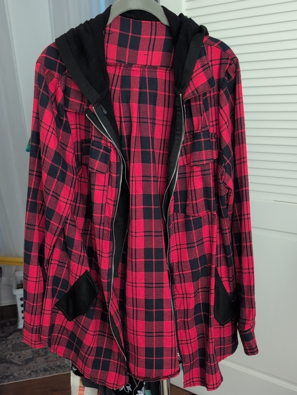 Women's Red & Black Plaid Hooded Utility Jacket
